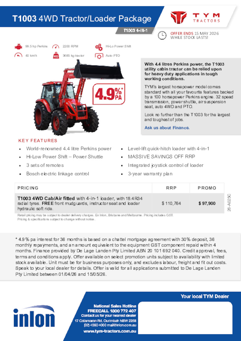 26-A025C TYM T1003 4WD Cabin Package Promotion oe 15.05